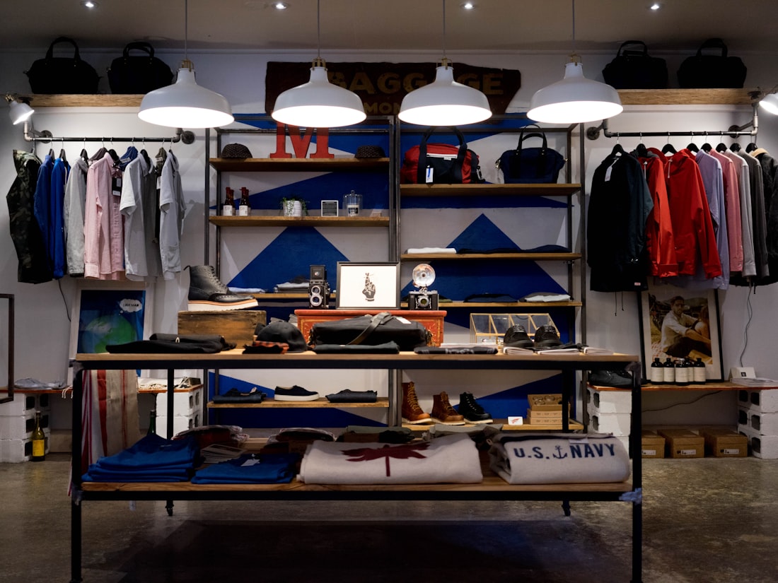 Folded garments stacked on a shelf