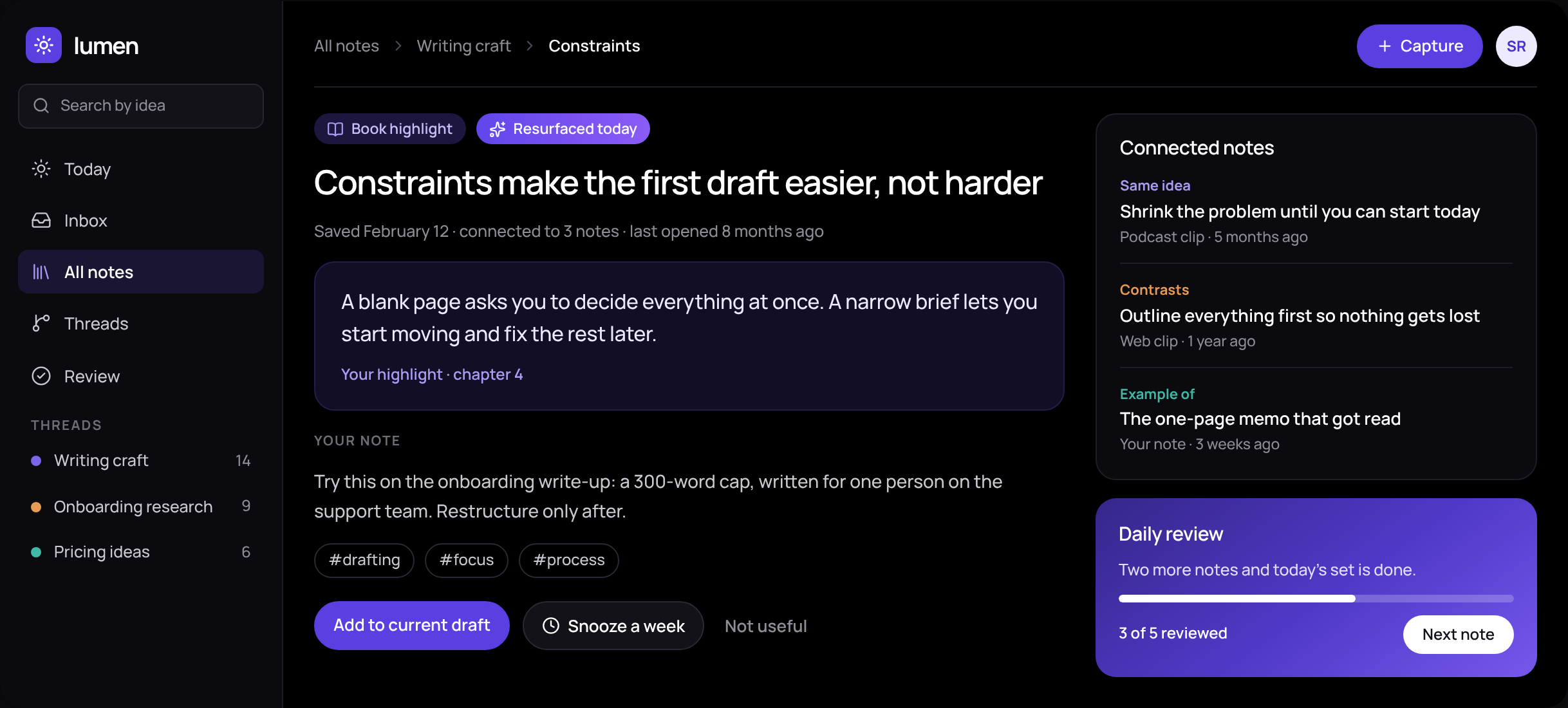 Lumen note view in dark mode