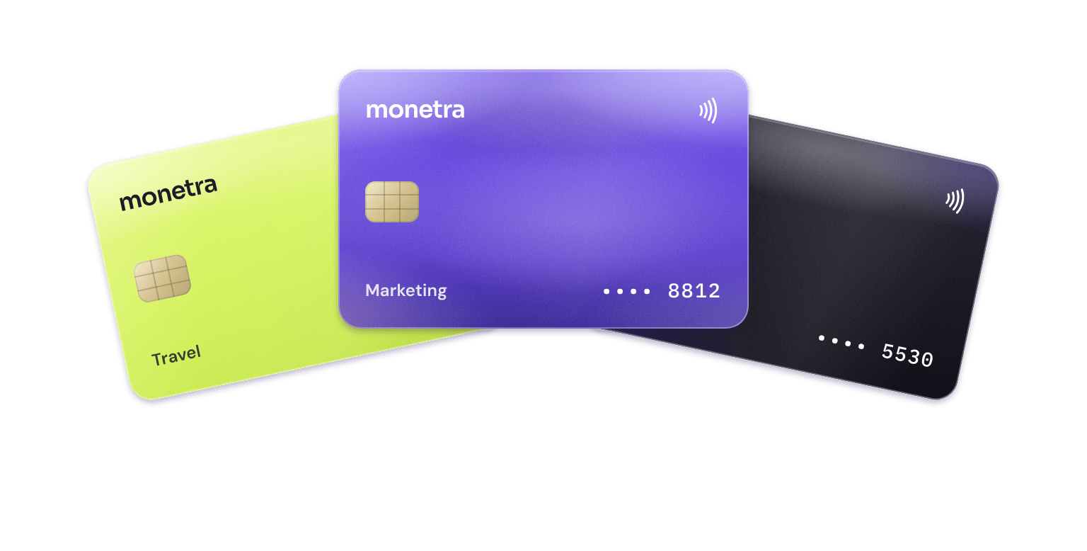 Three illustrative Monetra cards for travel, marketing and operations