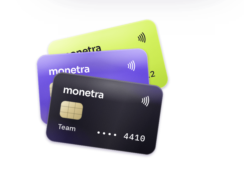 Illustrative stack of three Monetra team cards