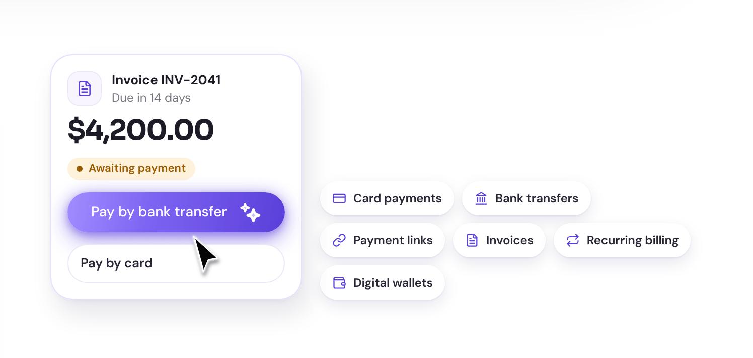 Illustrative invoice payment card with payment method options