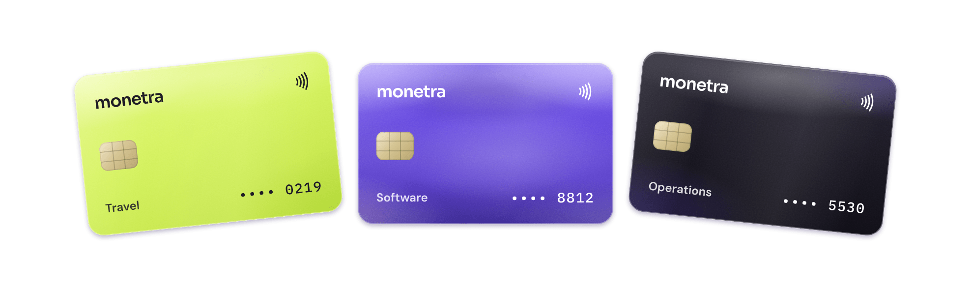 Three illustrative Monetra cards for travel, software and operations