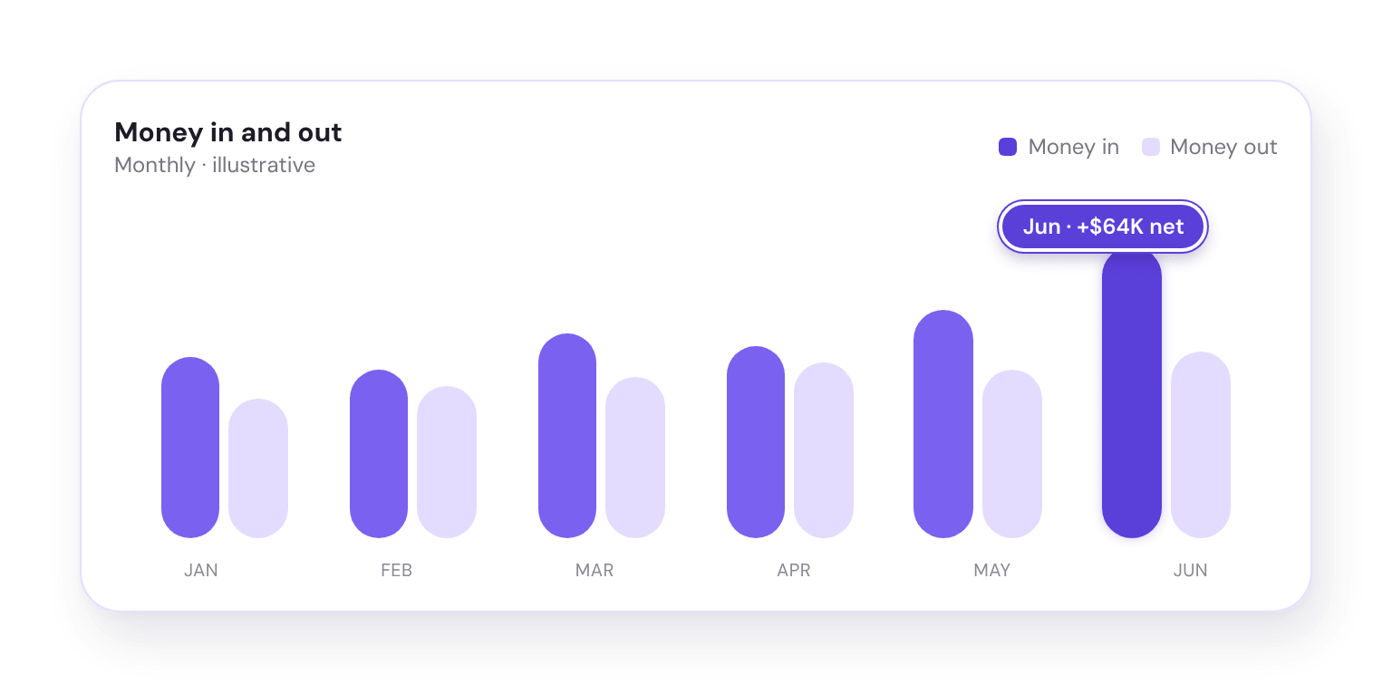 Illustrative monthly money in and money out bar chart