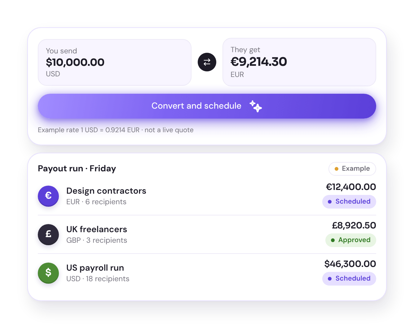 Illustrative currency conversion and a Friday payout run
