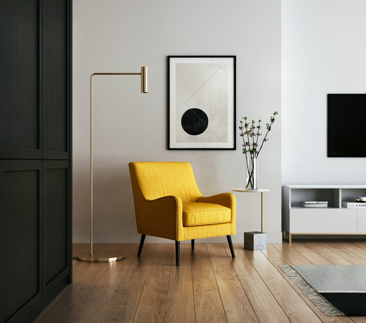 A mustard lounge chair beside a side table