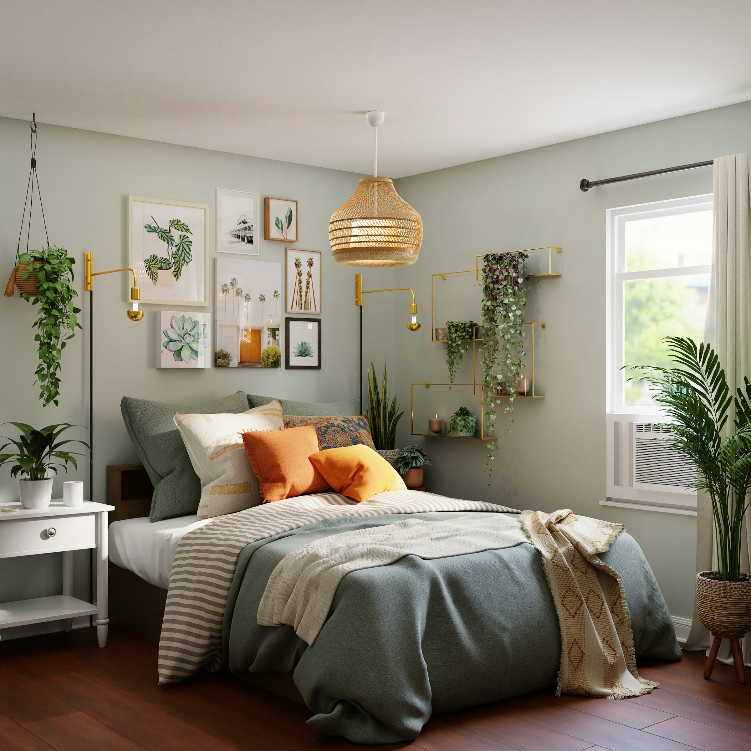 A bedroom with a rattan pendant, wall shelves and framed prints