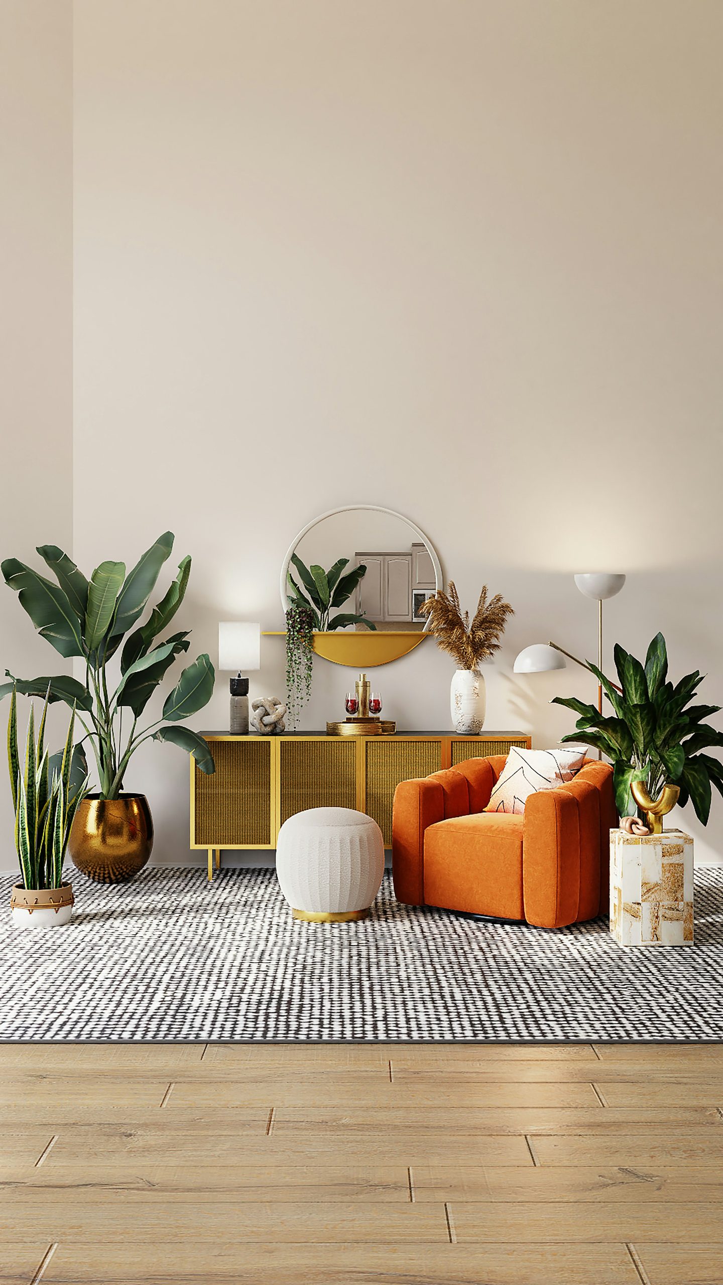 A living room with a rattan sideboard, round mirror, floor lamp and dried-grass vase