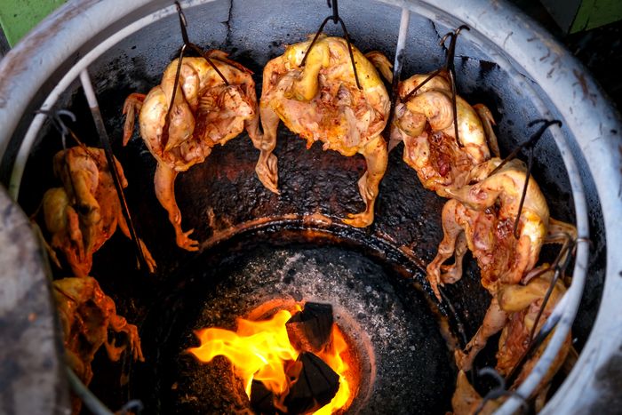 Chicken roasting around a fire in a clay pot oven